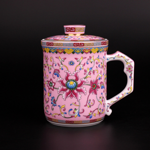 景德镇陶瓷茶杯 带盖过滤茶漏粉色珐琅彩陶瓷杯 创意礼品办公杯子