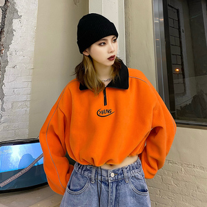 00海草宝贝_wjf淘宝雅莹秋季新品女装橙色撞色条纹立领运动风卫衣