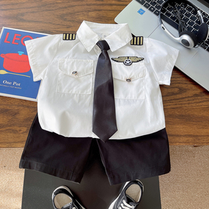 男童夏装套装儿童机长制服夏季海军风宝宝白色短袖衬衫六一演出服