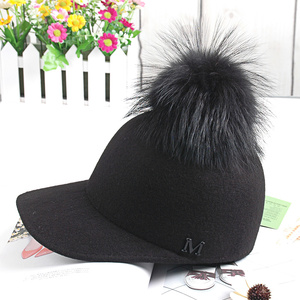新款M标大毛球秋季礼帽帽子女款滕雨佳马术帽鸭舌帽羊毛呢棒球帽