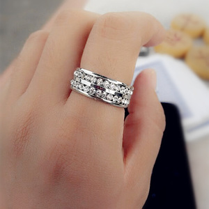 新款时尚潮流镶满钻戒指 韩国韩版双排水钻钛钢18K金女戒指