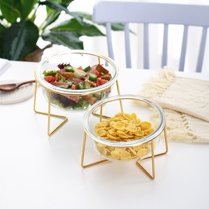 厂家直销北欧创意家用带金架玻璃餐具宠物碗汤面碗水果甜品沙拉碗