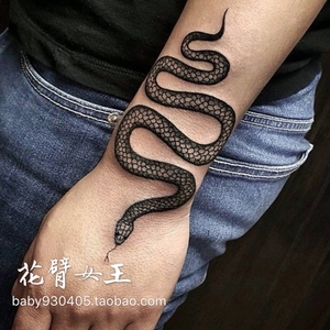 花臂少女TATTOO X151黑白暗黑蟒蛇 小黑蛇手腕手背持久果汁纹身贴