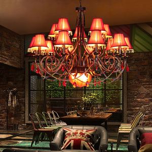 欧式复古铁艺灯酒吧会所金红色水晶装饰新疆餐厅包房布艺高端吊灯
