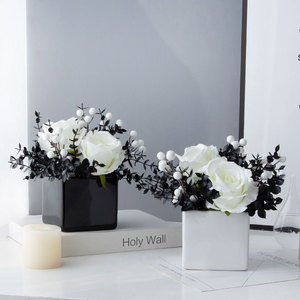 白色玫瑰仿真花假花现代简约尤加利叶客厅玄关餐桌电视柜装饰摆件