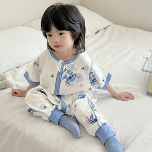 儿童夏款睡袋纯棉纱布薄款婴儿分腿防踢被宝宝短袖连体睡衣空调服