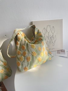 夏季新款黄绿郁金香单肩包包小方包拉链布袋子小清新文艺花朵包