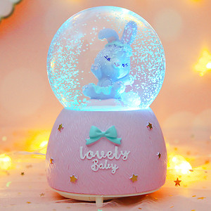 六一儿童节可爱小兔子发光水晶球女孩旋转音乐盒摆件女童生日礼物