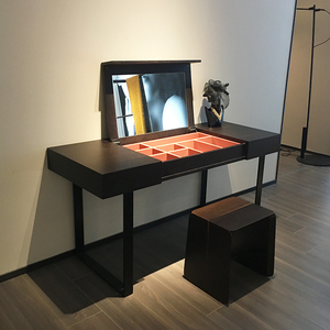 意式极简烟熏木色北欧小户型简约多功能上下翻盖镜子化妆桌梳妆台