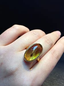 天然波罗的海风景珀虫珀戒指一只蚊虫清晰完整包体s925银镀金镶