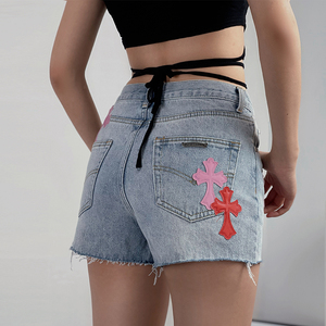 高腰十字架ch克罗心牛仔阔脚短裤女显瘦拼皮a字2022年夏新款潮牌
