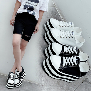 春秋踩脚内增高单鞋女12cm百搭真皮小个子女鞋超高休闲厚底松糕鞋