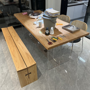 亚克力桌子悬浮餐桌家用简约橡木轻奢实木大板桌日式原木长条桌板