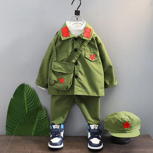 儿童军绿色小红军长袖男童军装练功娃娃兵八路军小童春秋宝宝表演