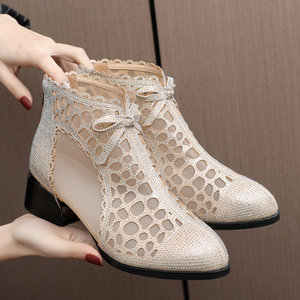 春夏季女鞋镂空网靴粗跟短靴女百搭网纱靴子凉靴水钻透气大码单靴