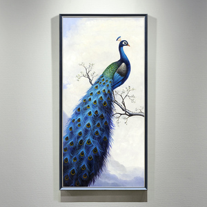 新中式玄关装饰画手绘油画蓝孔雀走廊过道挂画竖版欧式客厅壁画