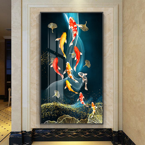九鱼图聚财入户玄关装饰画大尺寸走廊过道落地画高端轻奢竖版挂画