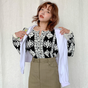 韩国Stylenanda秋冬女圆领洋气复古撞配色时尚花图案针织开衫毛衣