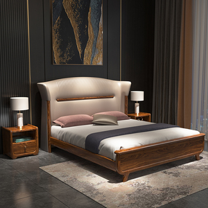 实木床双人牛皮包床头