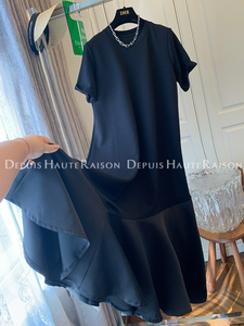 DHR 黑色气质赫本风鱼尾拼接假两件连衣裙长裙子2024春夏新款爆款