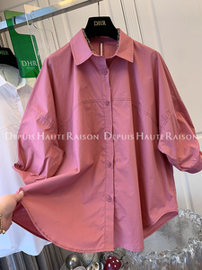 DHR 超好看干枯玫瑰粉短袖衬衫宽松棉布小衫上衣女棉2024夏装新款