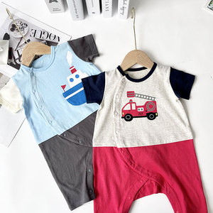 日本千家新款婴儿夏季短袖连体哈衣男宝宝爬服70-80-90大码棉红色