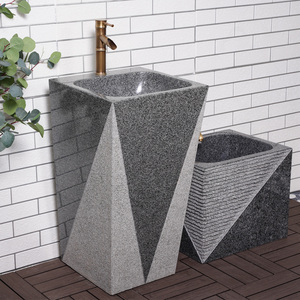 户外庭院洗手盆 别墅花园一体立柱盆 天然原石洗手池室外石头水池