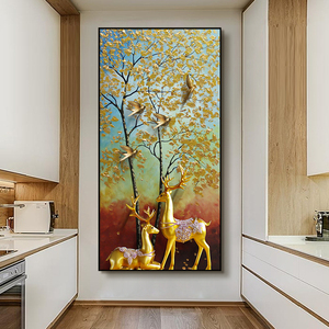 玄关进门墙鞋柜隔断立体装饰画客厅麋鹿大厅壁画带框福鹿烫金挂画