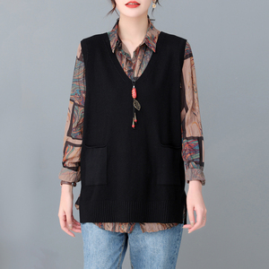 口袋马甲背心女v领春秋款坎肩可外穿宽松无袖针织衫百搭薄款显瘦