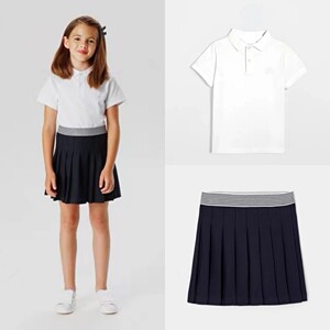 4-12a 特价法国女童装学院派棒球服polot恤衫百褶半裙两件套校服