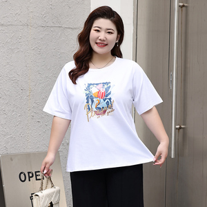 特大码200斤胖mm妹妹韩版时尚短袖t恤女夏季宽松白色印花显瘦上衣
