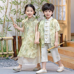儿童汉服夏装新款女童中式古风旗袍中国风唐装男童短袖古装演出服