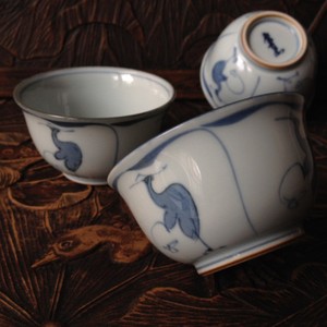 日本进口有田烧精品陶瓷茶具套装茶杯庆四郎青花手绘立鹤纹五客杯