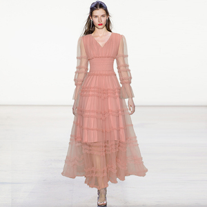 v领透视长袖收腰网纱荷叶边蓬蓬大摆长款礼服连衣裙2022春季新款