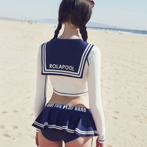 韩国正品代购 ROLAROLA 清纯海军领分体度假防晒泳衣上衣比基尼