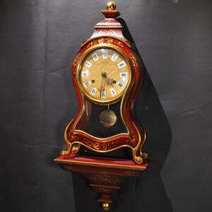 西洋古董瑞士老式机械挂钟座钟摆钟表红色木壳彩色花纹鎏金装饰