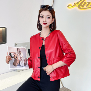 棒球服皮衣女红色