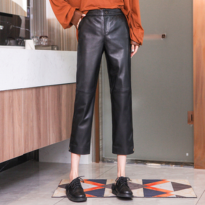 真皮皮裤女春秋新款修身显瘦纯皮直筒裤绵羊皮拉链时尚九分西装裤