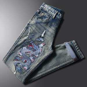 原创图案龙刺绣牛仔裤男高端宽松大码男士春秋直筒修身潮流破洞裤