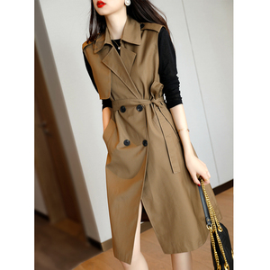 canary kiss 英伦风无袖马甲风衣外套女秋冬新款中长款小个子上衣