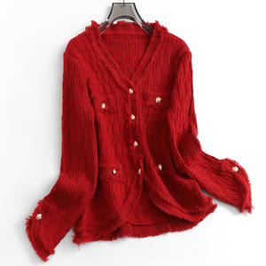 流苏红色显瘦新年氛围感V领针织外套秋冬新长袖洋气淑女毛衣M118