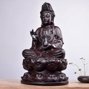木观音佛像摆件坐莲观世音菩萨供奉客厅手工实木雕刻摆设实木艺品