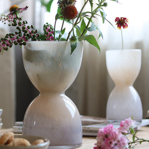 艺术浅粉色花瓶沙漏形玻璃花器水培鲜切花摆件餐厅客厅装饰ins风