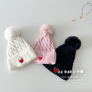 23冬韩国儿童装 男女宝宝可爱柔软毛球厚实麻花保暖翻边毛线帽子