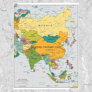 亚洲行政区划地图英文简约版 超大巨幅地理海报装饰壁挂画芯心s
