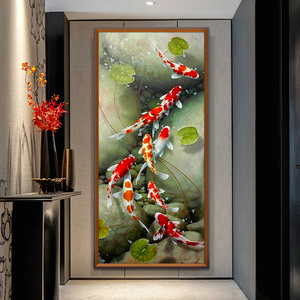 玄关装饰画油画客厅九龙鱼图现代家居中式立体竖版纯手绘鲤鱼走廊