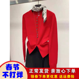 自留大红100%纯羊毛开衫女圆领韩版显瘦毛衣外套羊绒针织叠穿上衣