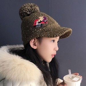 儿童鸭舌帽女孩毛球针织帽子毛球保暖棒球毛线小学生20冬季秋款22