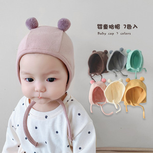 韩国同款纯色双球新生儿胎帽男女宝宝防风护耳帽球球婴儿帽子