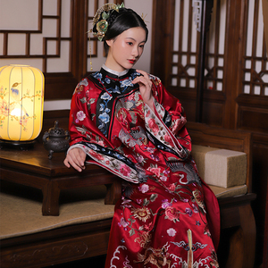 兰衫逸春秋新款复刻晚清红色盘扣大襟重工刺绣改良氅衣旗袍裙现货